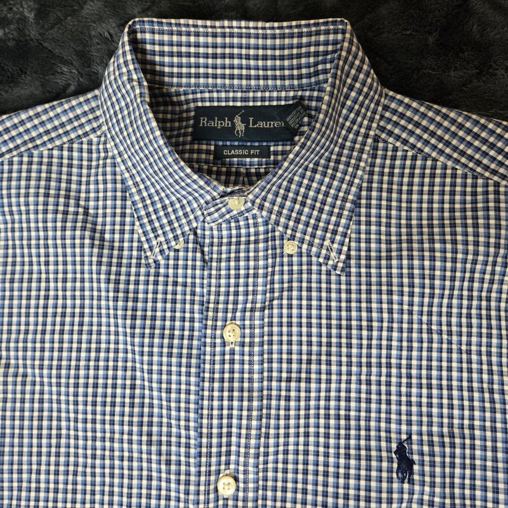 Polo Ralph Lauren Button Down Mens 15 32/33 White & Blue Long Sleeve Pony Logo